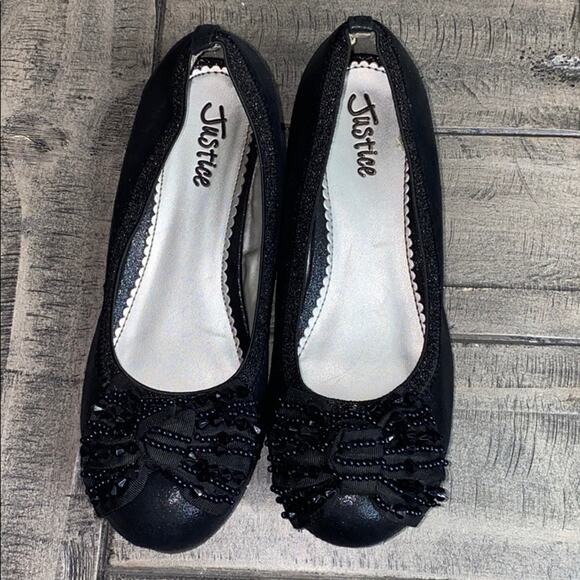 Justice Black Floral Beaded Bow Wedges 4 - Picture 4 of 7